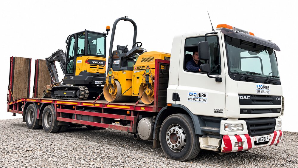 The KBO Hire lorry loaded with an excavator and a roller